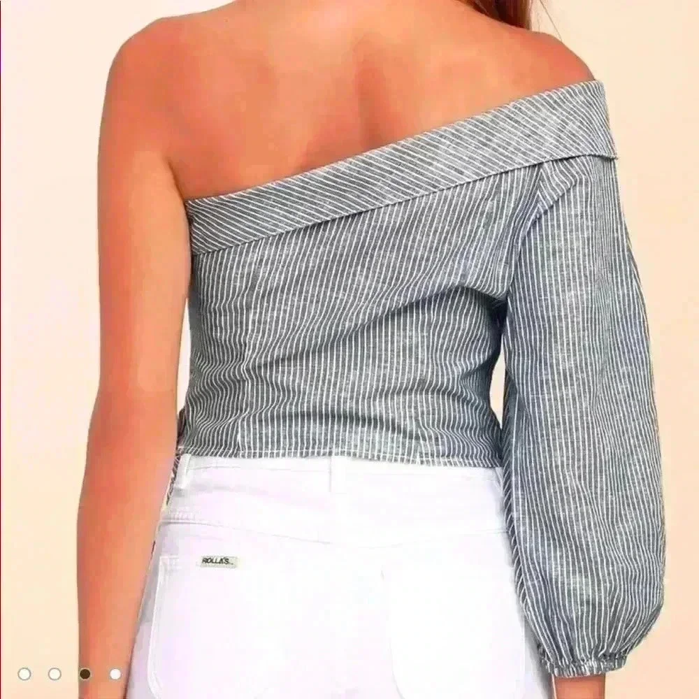 Free People Blue Striped One Shoulder Crop Top
